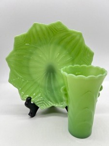 lot 26 image: Vintage Fire King Jadeite Lotus Blossom Plate and Anchor Hocking Vase