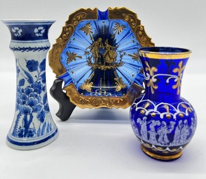lot 33 image: Vintage Delft Candlestick, Royal Blue Hand Painted Vase and Ashtray