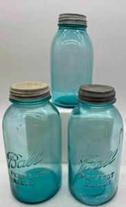 lot 152 image: Vintage 3 Blue BALL Perfect Mason Jars - Rare Misaligned Logo & Bottom number
