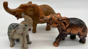 lot 158 image: Vintage Trio Smaller ELEPHANTS Copper, Carved Teak, Marble