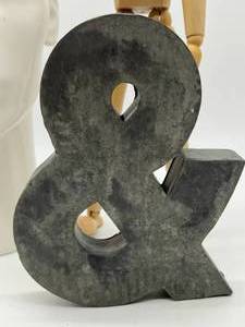 lot 160 image: Enameled Mannequin Head,  Wood Drawing Model & Galvanized Tin Ampersand