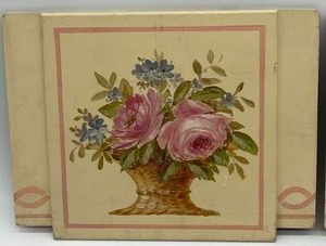 lot 170 image: Antique Pair Hand Painted Original Wood Panels - Flowers in Baskets - Artists Samples