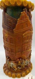 lot 173 image: Vtg JOHANN GUNTER Hand Painted Carved Candle Base, BRAUHAUS Iron Paperweight, Souvenir Hanky