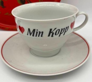 lot 183 image: Vintage TOLEWARE- Nashco Tray, Swedish Candleholder, Min Koppe Large Coffee Cup and Saucer