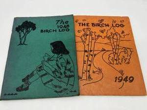 lot 196 image: Vintage Lot of 8 BIRCH LOG East Duluth Highschool YEARBOOKS 1948-1955