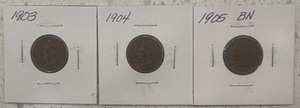 Three Indian Head Pennies - 1903, 1904, & 1905