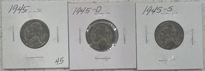 Three Silver War Nickels - 1945 P, D, & S