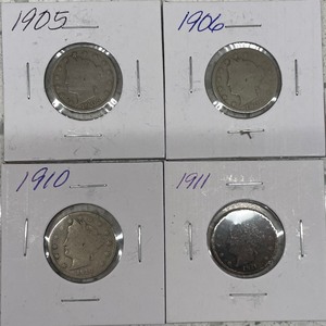 Four Liberty Head Nickels - 1905, 1906, 1910, & 1911