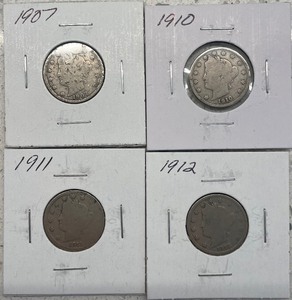 Four Different Liberty Nickels - 1907, 1910, 1911, & 1912