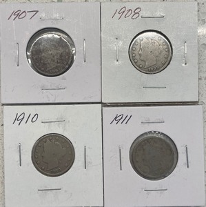 Four Different Liberty Head Nickels - 1907, 1908, 1910, & 1911