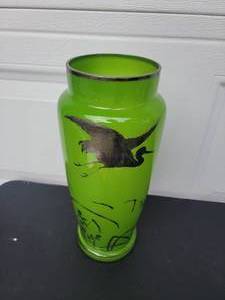 lot 10 image: Czechoslovakian Sterling Silver Overlay Heron Painted Art Glass Vase