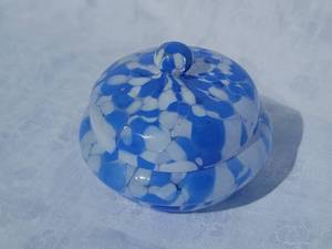 lot 14 image: Vintage Czech Glass Color Vase Dotted Blue & White Dots