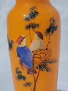 lot 17 image: Vintage Czech Glass Color Vase Song Bird Paint