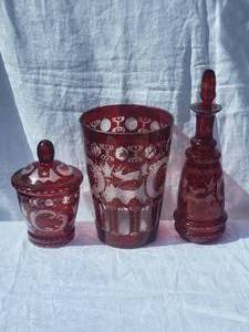 lot 115 image: Bohemian Ruby Cut to Clear Wine Bucket and Lidded Vessels, Group of 3