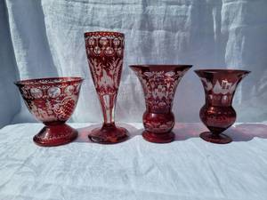 lot 114 image: Bohemian Ruby Cut to Clear Vase Collection, Group of 4