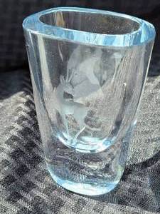 lot 110 image: Strombergshyttan Signed Stromberg Crystal Vase Engraved Deer Sweden MCM