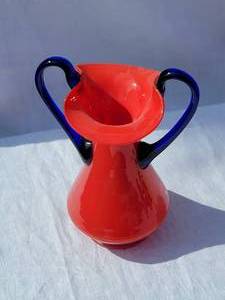 lot 106 image: Czech Melon Orange Art Glass Vase with Applied Blue Handles