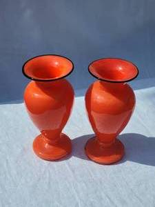 lot 99 image: Czech Melon Orange Art Glass Vase with Black Banded Rim, pair