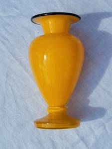lot 53A image: Czech Sunshine Yellow Art Glass Vase with Black Banded Rim