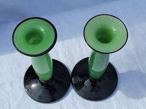 lot 54 image: Czech Celanese Green and Black Art Glass Candlesticks