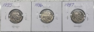 lot 2 image: Three Buffalo Nickels - 1935, 1936, & 1937