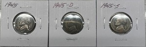 lot 1 image: Three Silver War Nickels - 1945 P, D, & S