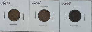 lot 3 image: Three Indian Head Pennies - 1903, 1904, & 1905