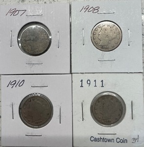 lot 6 image: Four Liberty Head Nickels - 1907, 1908, 1910, & 1911