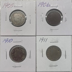 lot 12 image: Four Liberty Head Nickels - 1905, 1906, 1910, & 1911