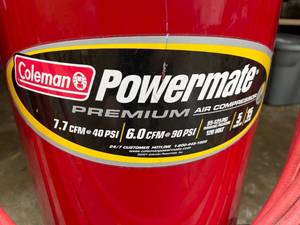 lot 250 image: Coleman Power Mate 15 Gallon 5 HP Air Compressor Model VL0501512