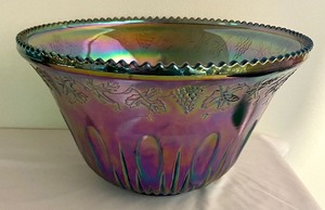lot 99 image: Vintage Iridescent Blue Carnival Glass Punch Bowl Set