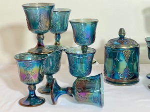lot 47 image: Vintage Indiana Carnival Iridescent Blue Stemware and Westmoreland Harvest Grape Candy Dish