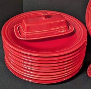 lot 113 image: Assorted Red Fiesta Dishes including Fiesta Red Butter Dish