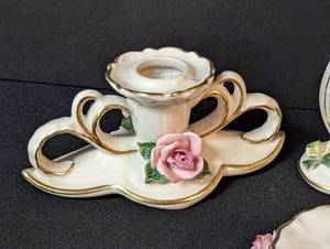 lot 134 image: Dresden Porcelain Candleholders and Miniature Basket