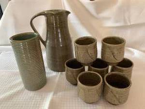 lot 6 image: Artisan Made Olive Green Stoneware Pottery Set
