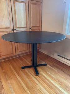 lot 19 image: Round Wood Table with Steel Base and 2 Chairs