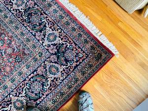 lot 22 image: Large  9 ft. 6 in. x 7 ft. 6 in. Wool Rug in Navy, Rust, Tan, Moss Gold and Blue Gray