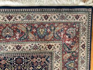 lot 28 image: Room Sized 8 ft. x 10 ft. Rug in Navy, Wine, Gold and Tan