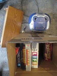 lot 192 image: Box of board games, Wood wall shelf...