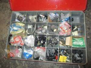 lot 218 image: Large red metal organizer box loade...