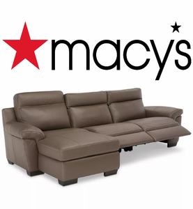 lot 5 image: Macys Julius II 3 Piece. Leather Chaise Sectional Sofa With 2 Power Recliners & Headrests