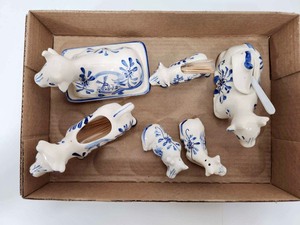 lot 194 image: Delft Style Cow Kitchen Set - Salt Pepper Shakers Toothpick Holder Butter dish etc