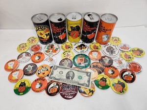lot 242 image: Large Group of Vintage ANOKA Halloween Beer Cans & Buttons