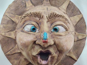lot 256 image: Signed 3D Art Pottery SunFace Wall Sculpture