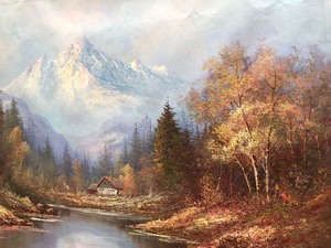 lot 315 image: LARGE Unframed Oil on Canvas Landscape River Scene