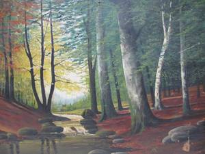 lot 323 image: Vintage Forest River Landscape Oil Painting On Canvas Signed Bartels 43