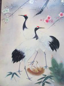 lot 326 image: Vintage Original Japanese Painting Cranes Nest Under Cherry Blossom Tree Signed 22