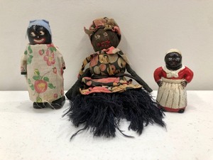 lot 372 image: Old Vintage Folk Art Dolls & Cast Iron Salt Shaker