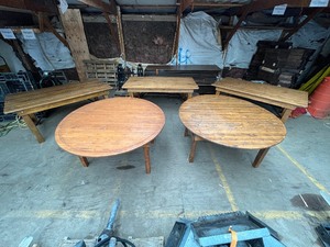 lot 72 image: 5 wood folding tables 2 round and 3 rectangle
