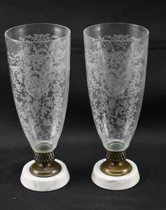 lot 175 image: Pair of Etched Glass Hurricane Lamps